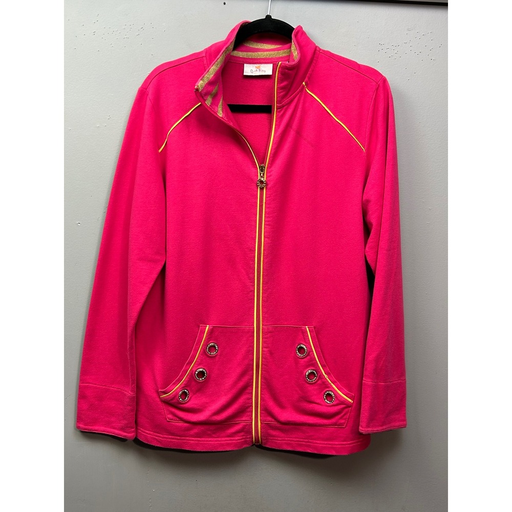 Quacker Factory‎ Pink Jacket Rhinestone Embellished Zip Up Fun Colorful Womens